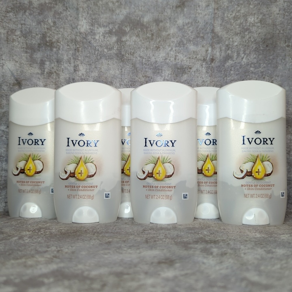 6X Ivory 24 HR Gentle Solid Deodorant - Hint of Coconut 2.4 Oz Each NO ALUMINUM